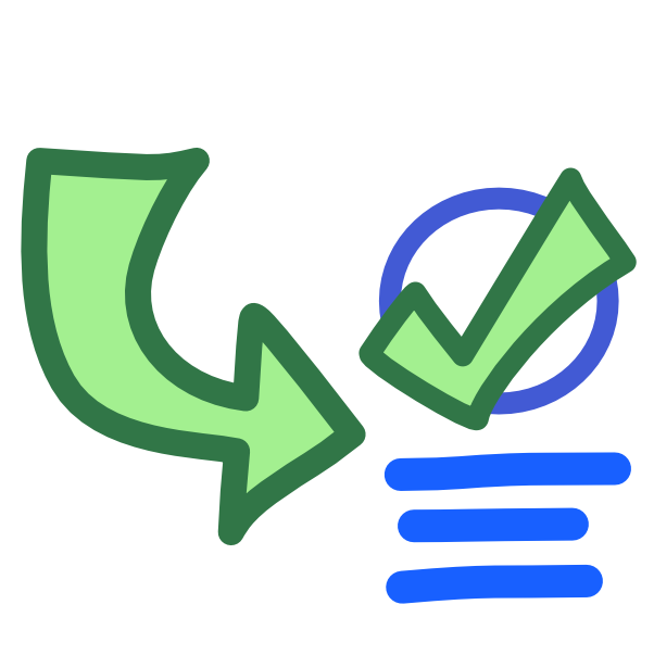 A curved green arrow points to the right at a blue outlined circle with a green checkmark on it. Below the circle are 3 blue lines stacked vertically. The image has dark line art.